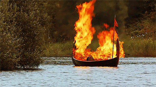 Viking funeral ship on fire