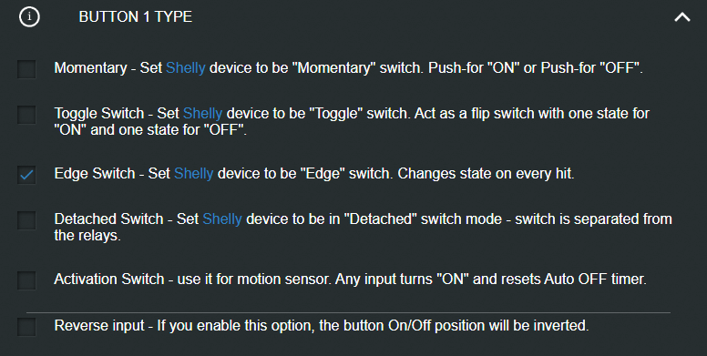 Screenshot of Shelly relay button/input/switch type options, with "edge" mode selected