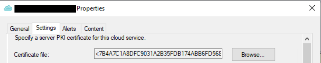 Screen snip illustrating a certificate thumbprint value in the CMG Properties dialog.