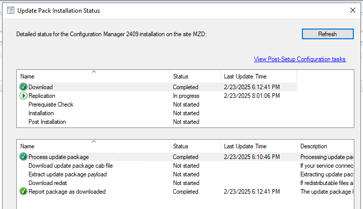 Snip of the dialog illustrating the Update Pack Installation Status.