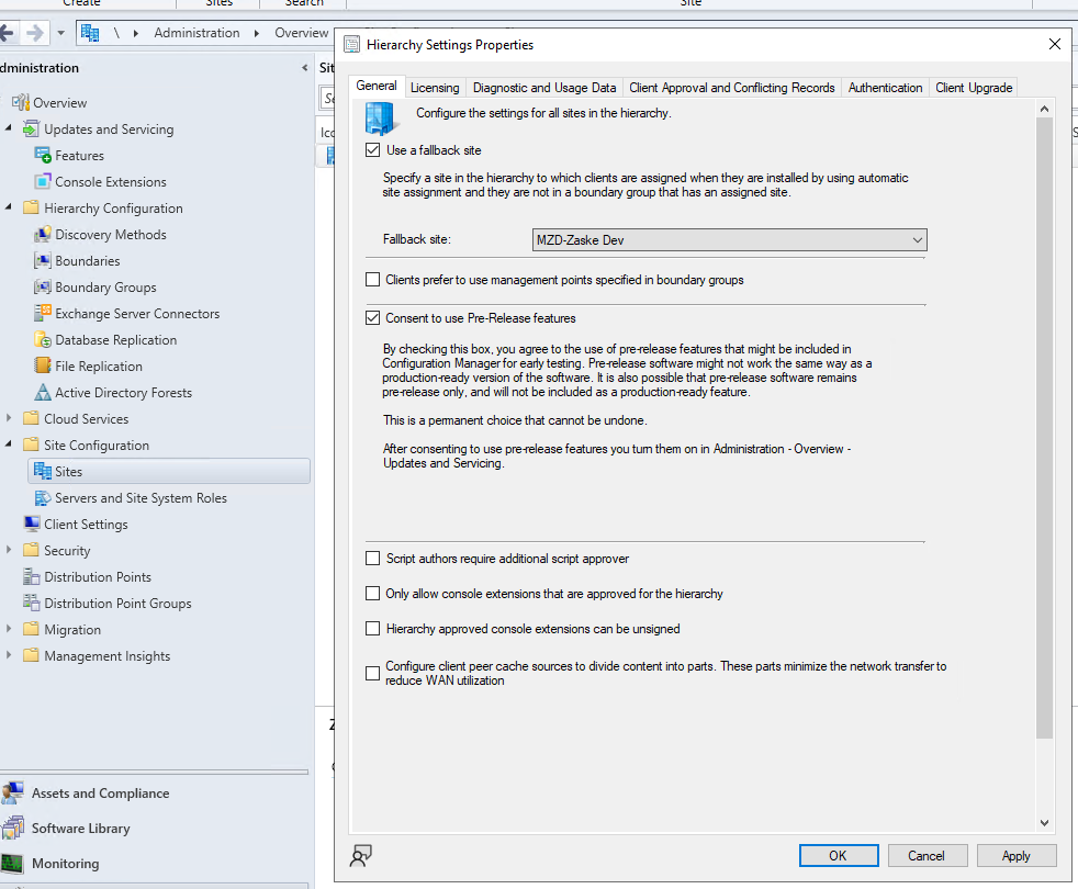 Snip of the Configuration Manager Hierarchy Settings Properties dialog.