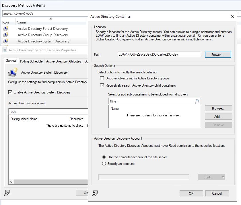 Snip of the AD System Discovery Properties dialogs illustrating the LDAP path used for the domain.