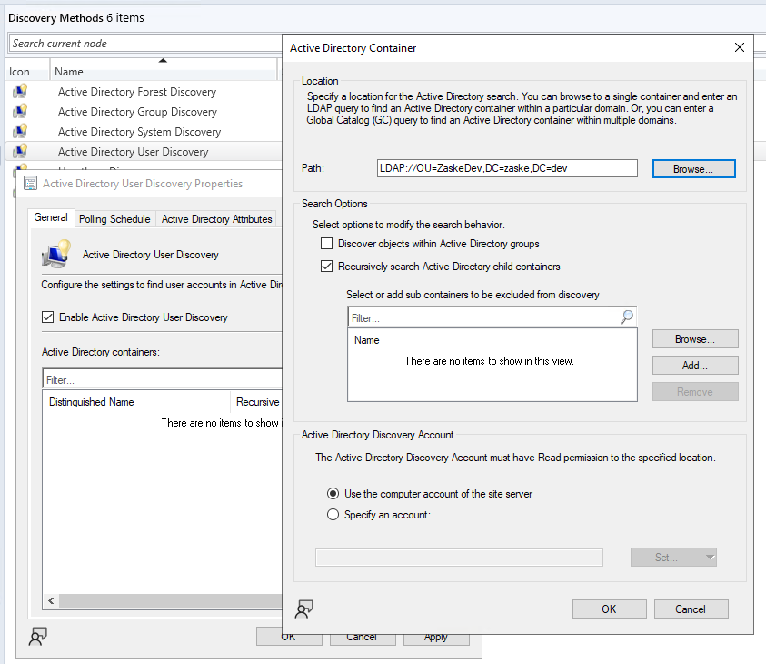 Snip of the AD User Discovery Properties dialogs illustrating the LDAP path used for the domain.