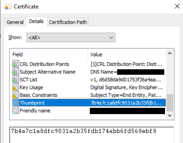 Snip of certificate details as illustrated in the GUI for local computer certificate management.