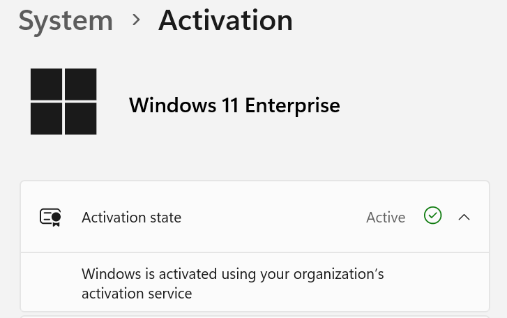 Snip of the user/client interface indicating Windows activation is successful