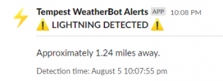 Slack Tempest WeatherBot alert notification for a close lightning strike