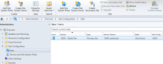 Screen snip of the Sites node of the Configuration Manager Console Administration interface.